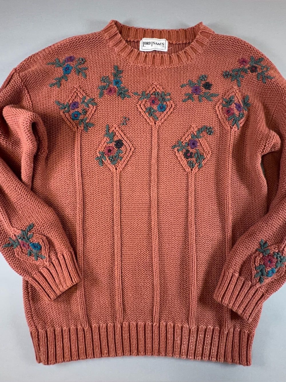 Vintage Lord Isaacs 80s 90s Floral Embroidered Ramie Cotton Style Sweater M/L